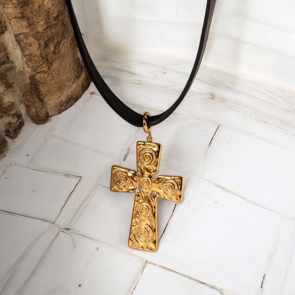 SPIRAL WRINKLE REINCARNATION CROSS PENDANT 18K GOLD PLATED