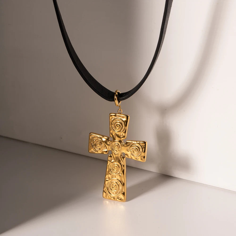 SPIRAL WRINKLE REINCARNATION CROSS PENDANT 18K GOLD PLATED